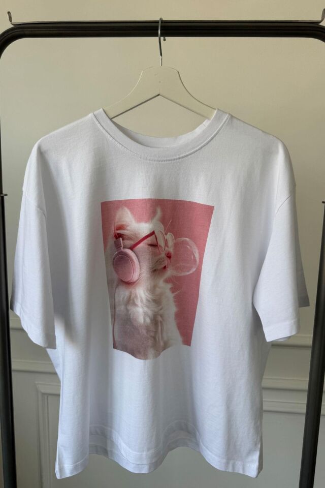 KEDİ BASKILI T-SHIRT - BEYAZ