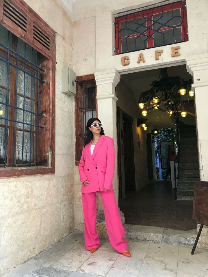KREP KUMAŞ CEKETLİ PALAZZO TAKIM - PEMBE