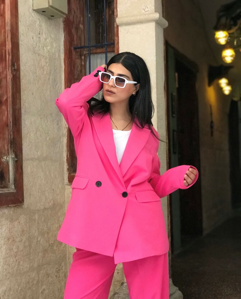 KREP KUMAŞ CEKETLİ PALAZZO TAKIM - PEMBE