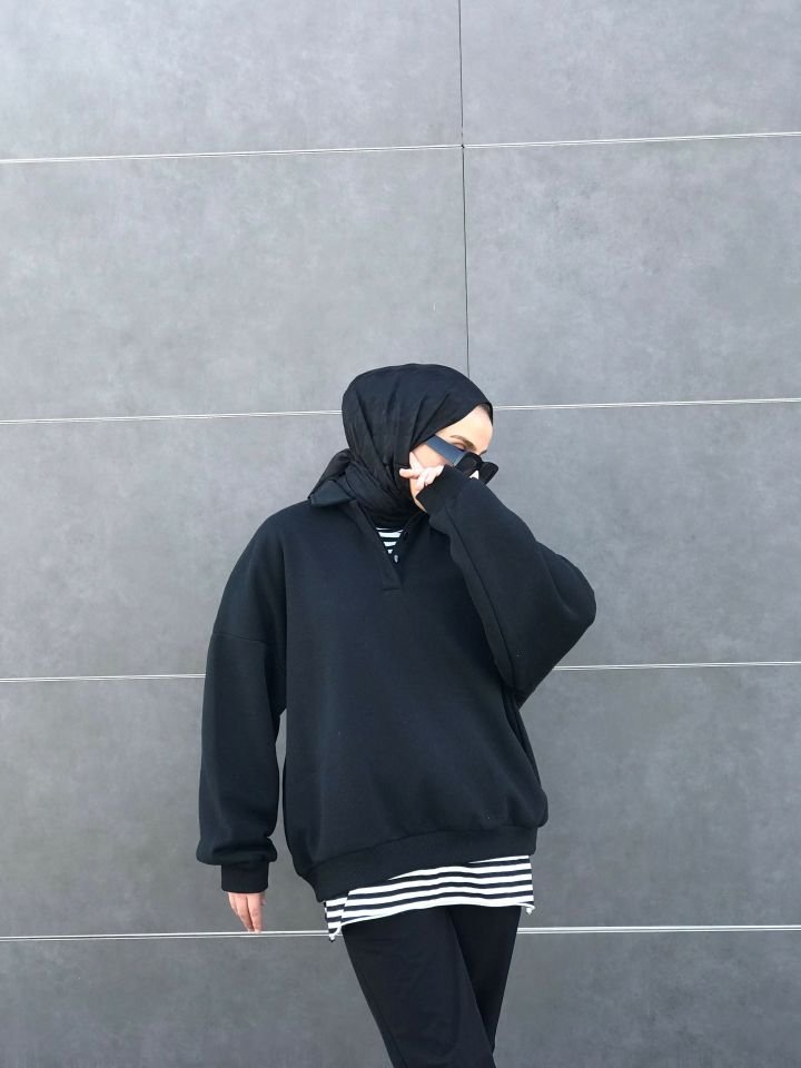 POLO YAKA OVERSIZE SWEAT - SİYAH
