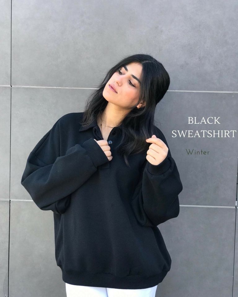 POLO YAKA OVERSIZE SWEAT - SİYAH