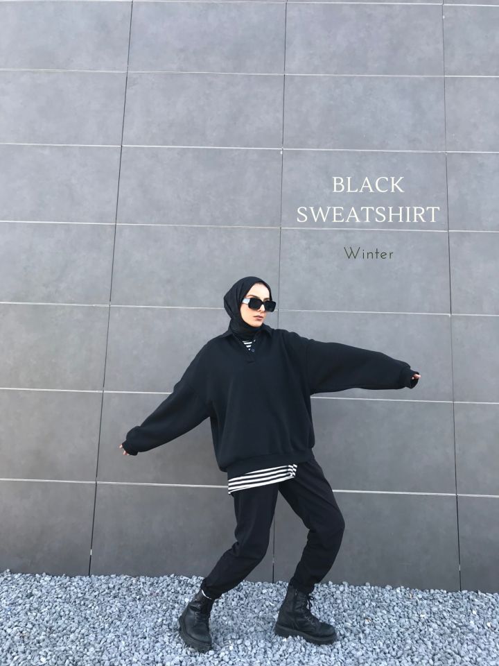 POLO YAKA OVERSIZE SWEAT - SİYAH