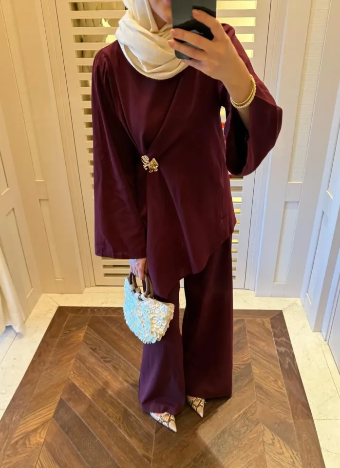 BROŞ DETAYLI KETEN TAKIM - BORDO