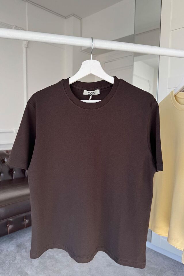 KISA KOL ORİJİNAL BASIC T-SHIRT - KAHVERENGİ