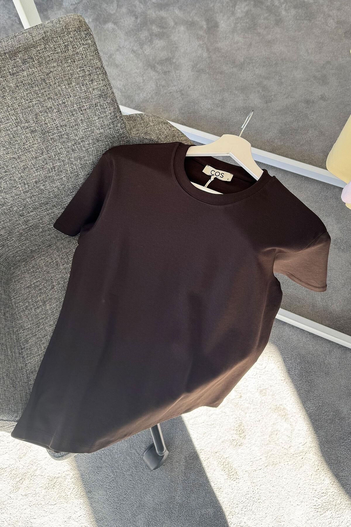 KISA KOL ORİJİNAL BASIC T-SHIRT - KAHVERENGİ