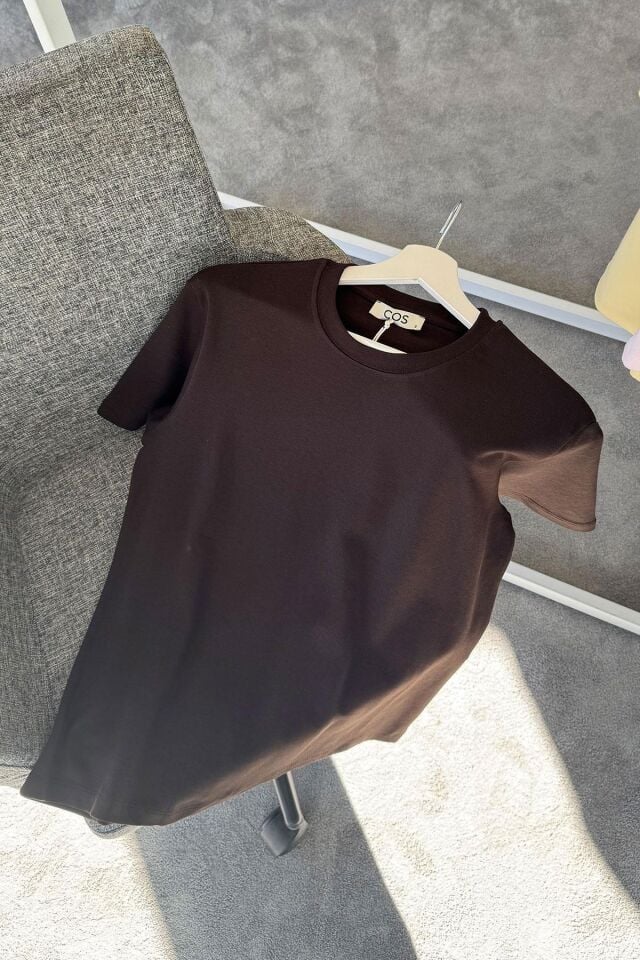 KISA KOL ORİJİNAL BASIC T-SHIRT - KAHVERENGİ