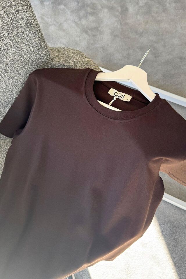 KISA KOL ORİJİNAL BASIC T-SHIRT - KAHVERENGİ