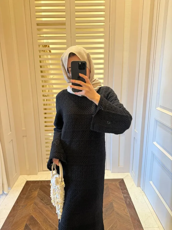 DESENLİ AJUR MODEL ELBİSE - SİYAH