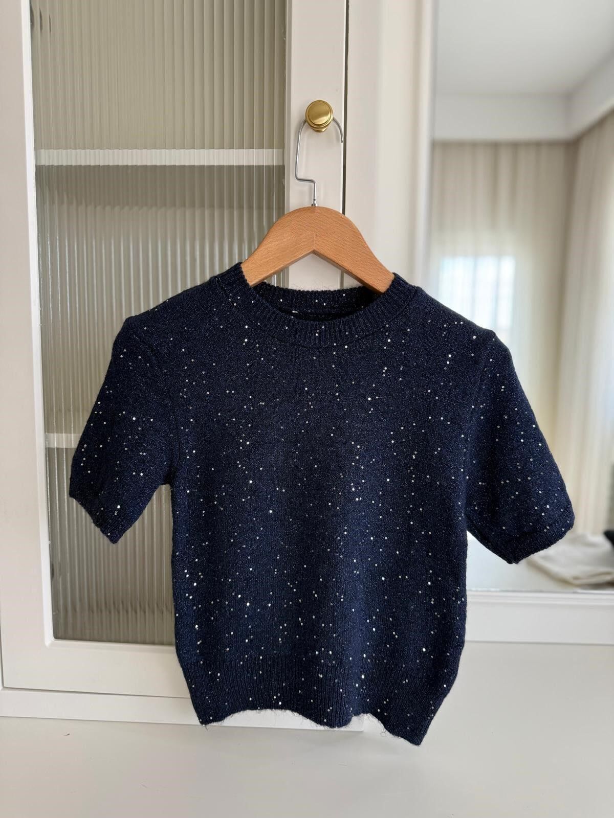 PARILTILI KISA KOLLU TRİKO - LACİVERT