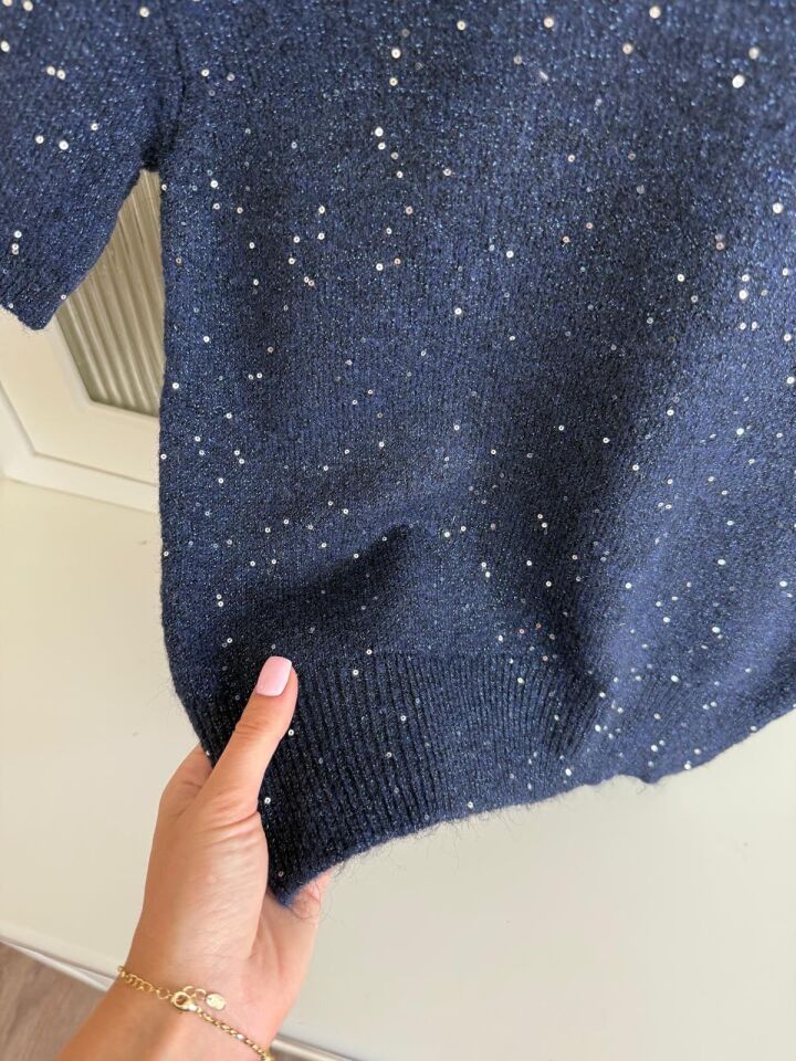 PARILTILI KISA KOLLU TRİKO - LACİVERT