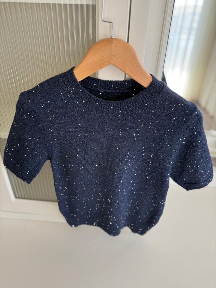 PARILTILI KISA KOLLU TRİKO - LACİVERT