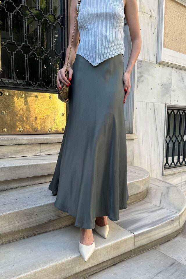 BELİ LASTİKLİ SATEN ETEK -FÜME