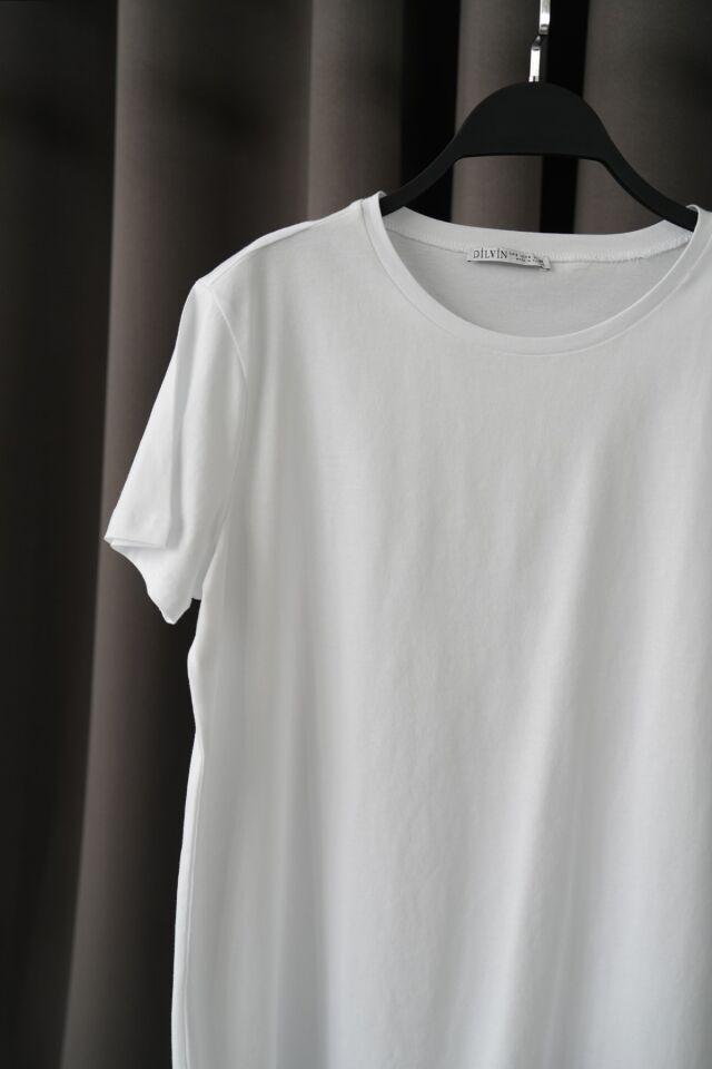 ÖNÜ KISA ARKASI UZUN BASIC T-SHIRT - BEYAZ