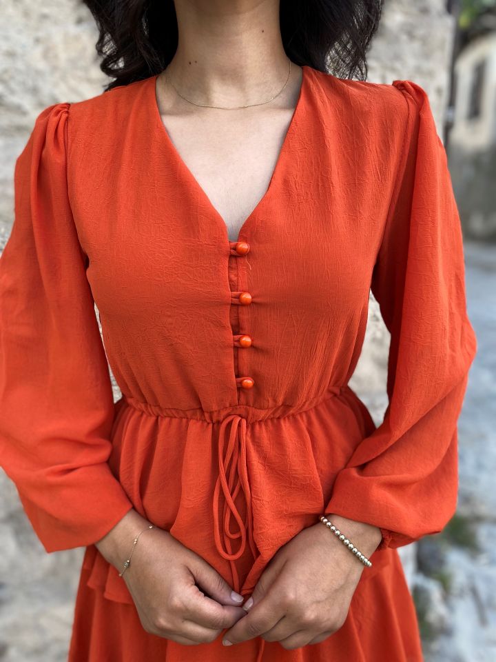 ORANGE PİLELİ KATLI ASTARLI ELBİSE