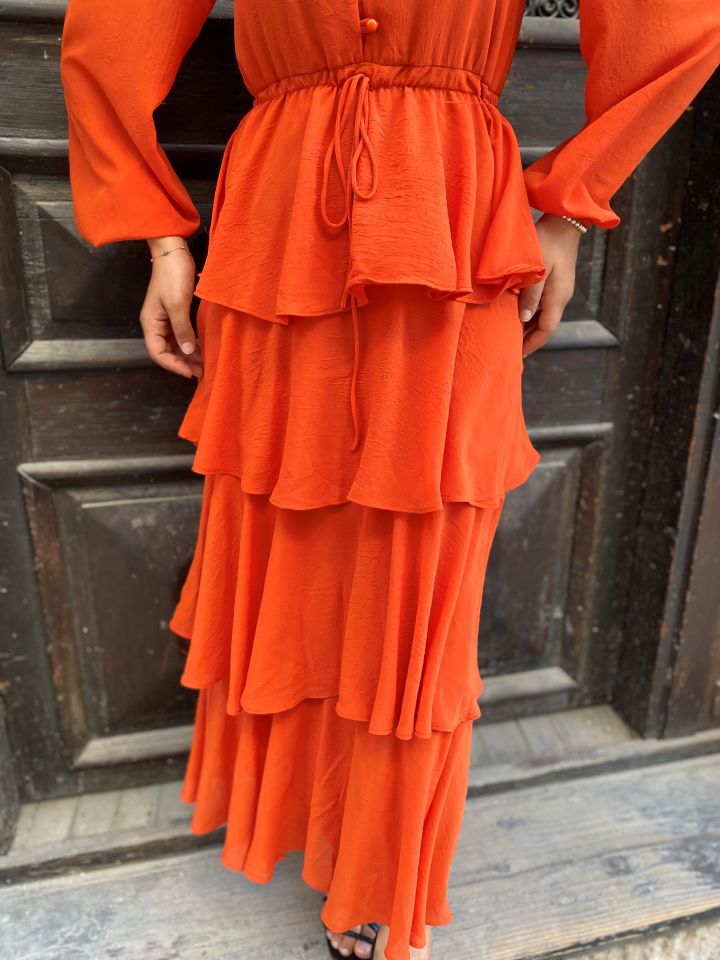 ORANGE PİLELİ KATLI ASTARLI ELBİSE