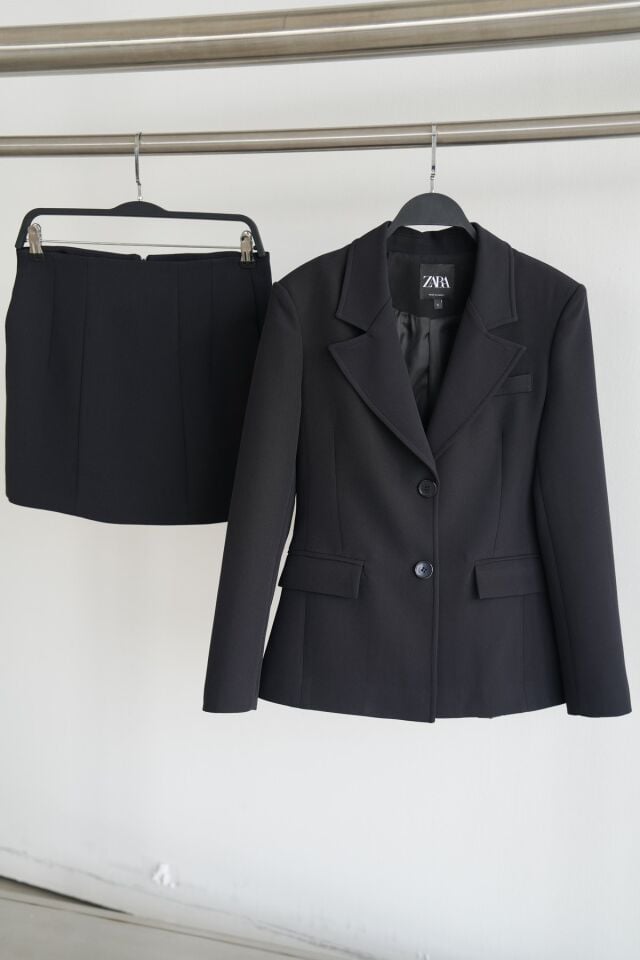 TOK DOKU BLAZER CEKET MİNİ ETEK - SİYAH