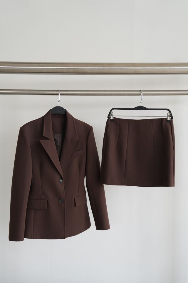 TOK DOKU BLAZER CEKET MİNİ ETEK - KAHVERENGİ