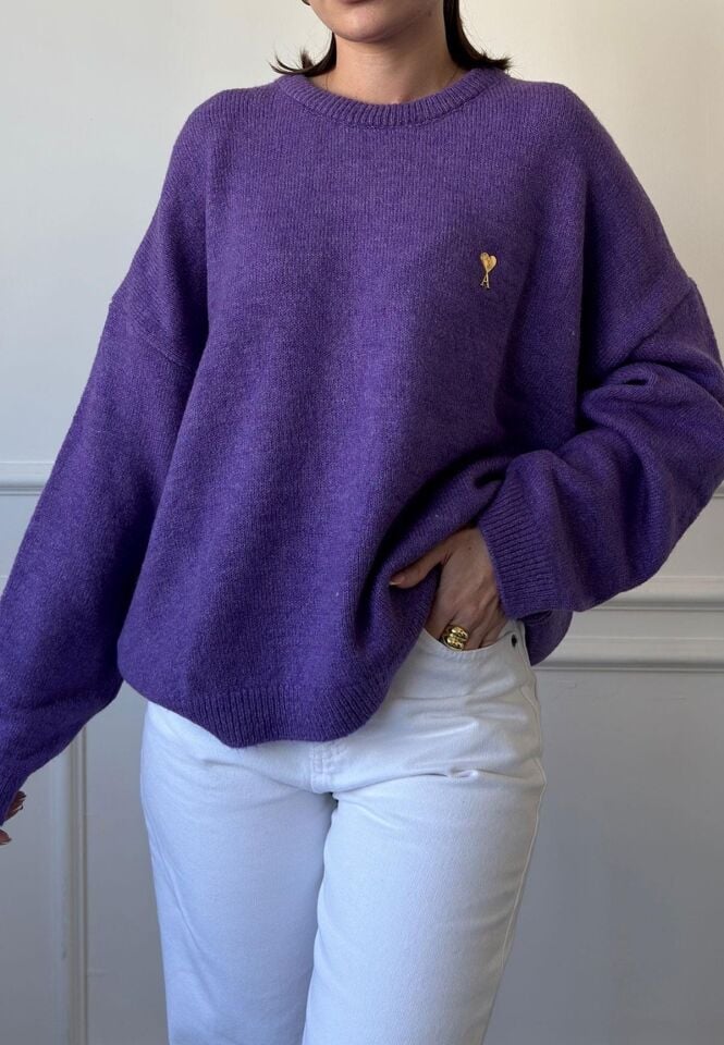 DUBLE YAKA KALP BROŞLU TRİKO KAZAK - MOR