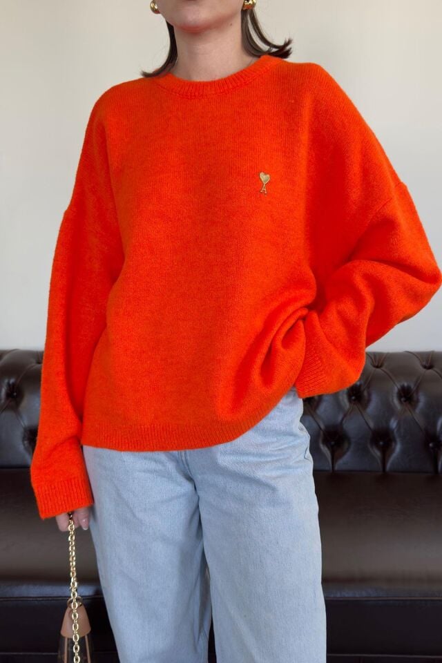 DUBLE YAKA KALP BROŞLU TRİKO KAZAK - ORANGE
