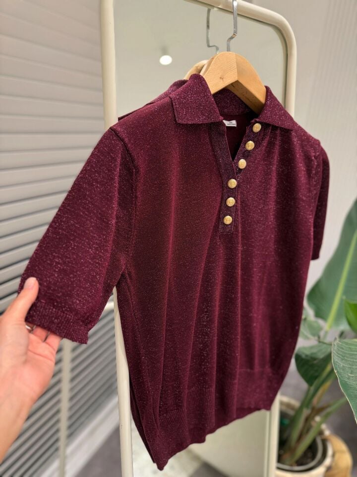 POLO YAKA PARILTILI TRİKO - BORDO