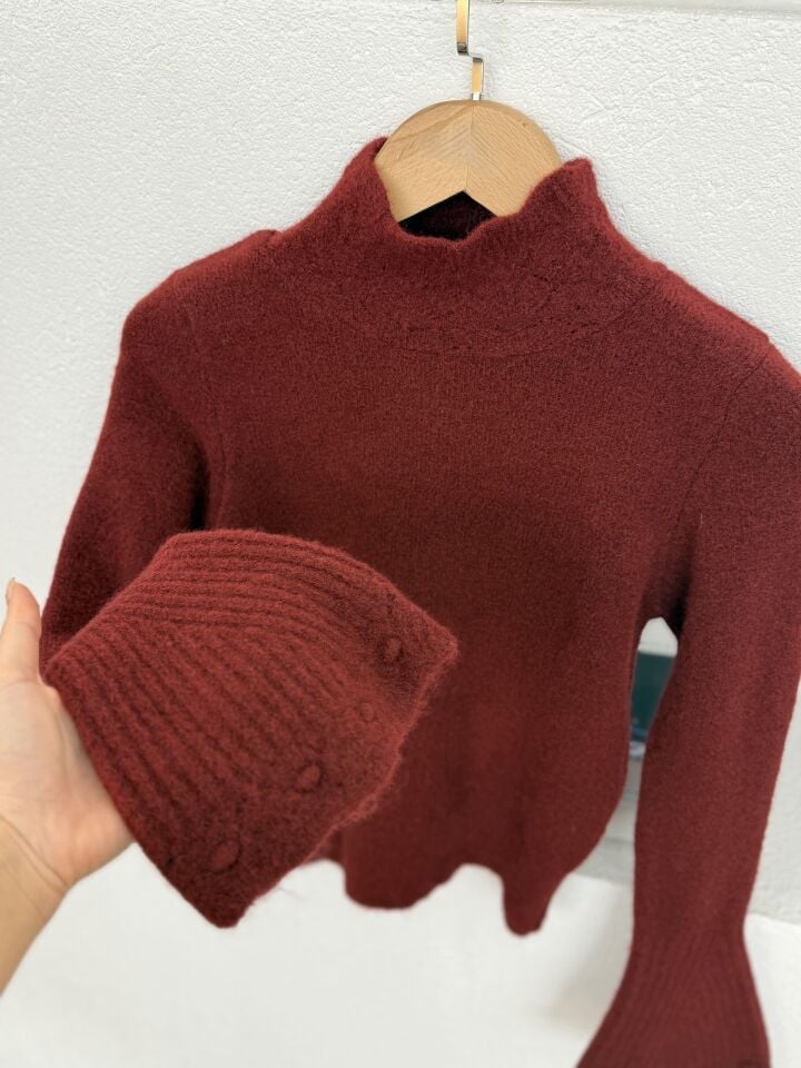 YAKASI AJURLU İSPANYOL KOL TRİKO - BORDO