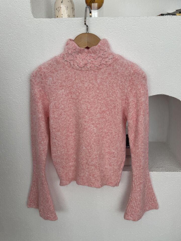 YAKASI AJURLU İSPANYOL KOL TRİKO - PEMBE