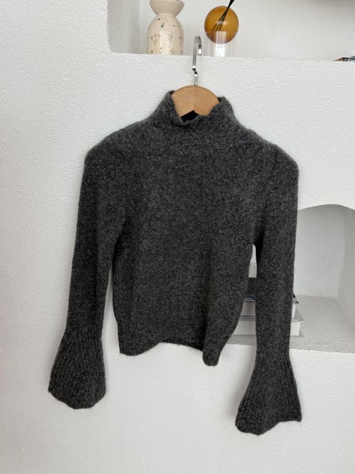 YAKASI AJURLU İSPANYOL KOL TRİKO - GRİ