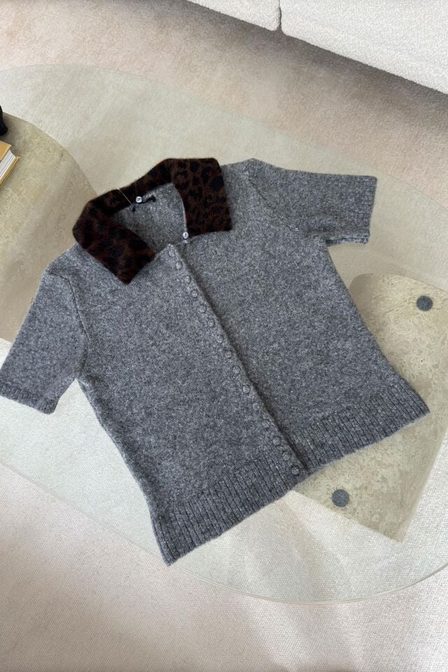 LEOPAR YAKALI PREMIUM TRİKO - GRİ