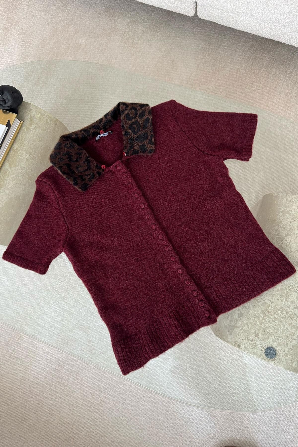 LEOPAR YAKALI PREMIUM TRİKO - BORDO