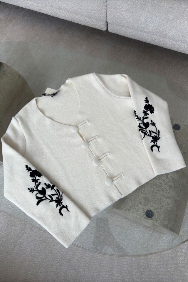 KOLU NAKIŞLI DÜĞMELİ PREMİUM TRİKO HIRKA - EKRU