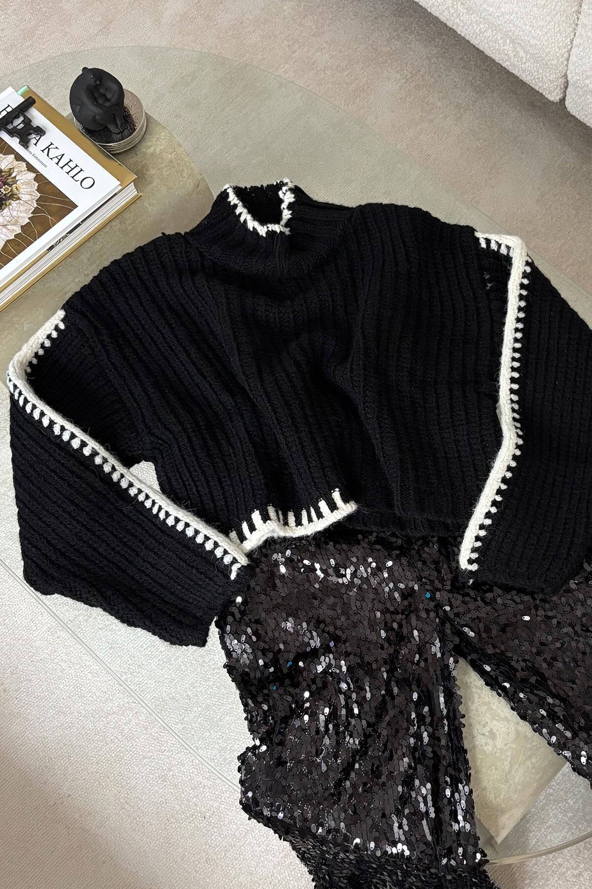 RENK GEÇİŞLİ BİSİKLET YAKA TRİKO KAZAK - SİYAH