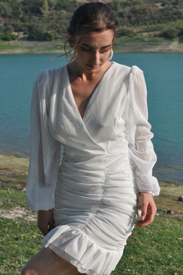 EKRU DRAPE DETAYLI ELBİSE