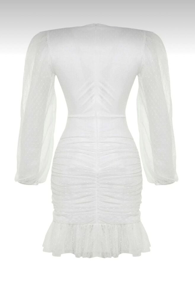 EKRU DRAPE DETAYLI ELBİSE