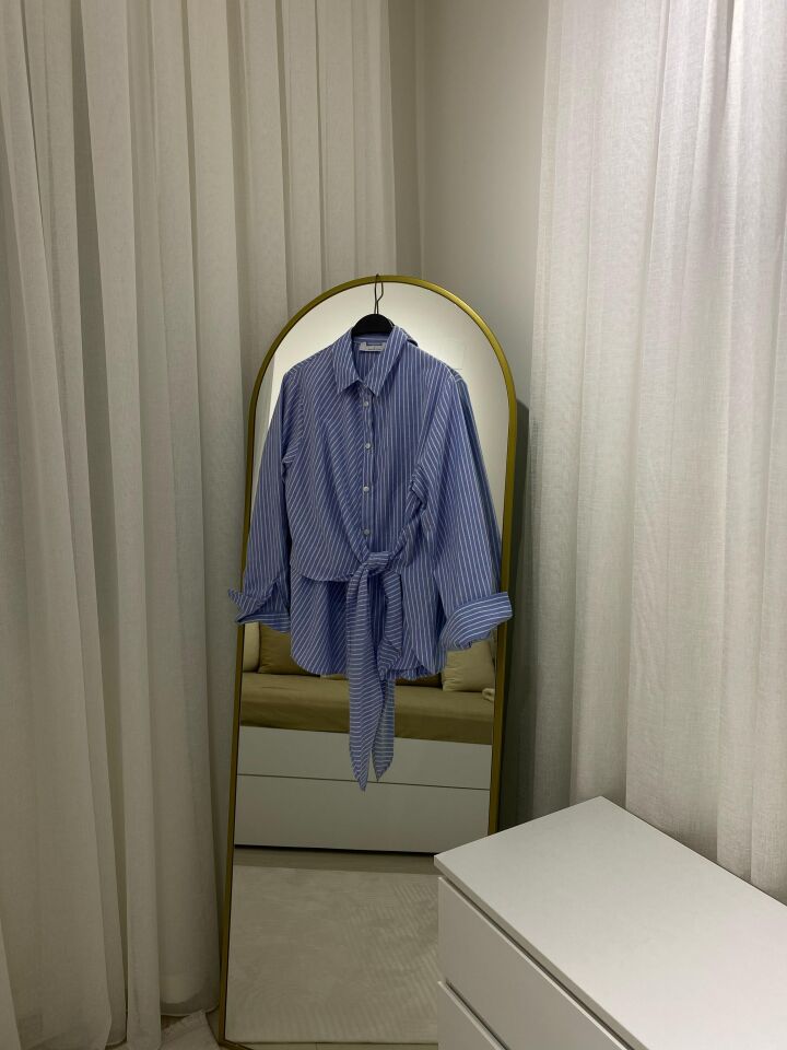 ÇİZGİLİ BAĞLAMALI GÖMLEK - MAVİ